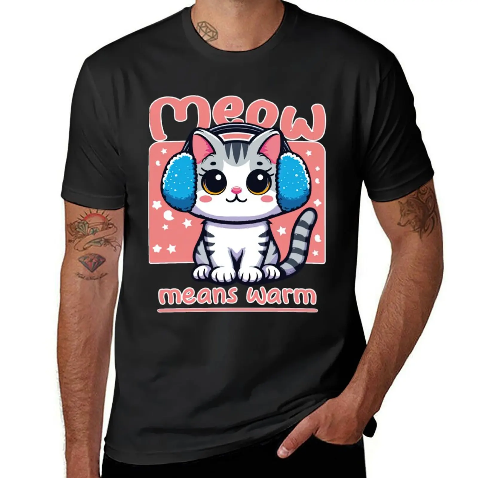 

Meow Means Warm This Cat Shows How To Stay Cozy On National Earmuff Day T-Shirt basketball graphic tees mens t shirt graphic