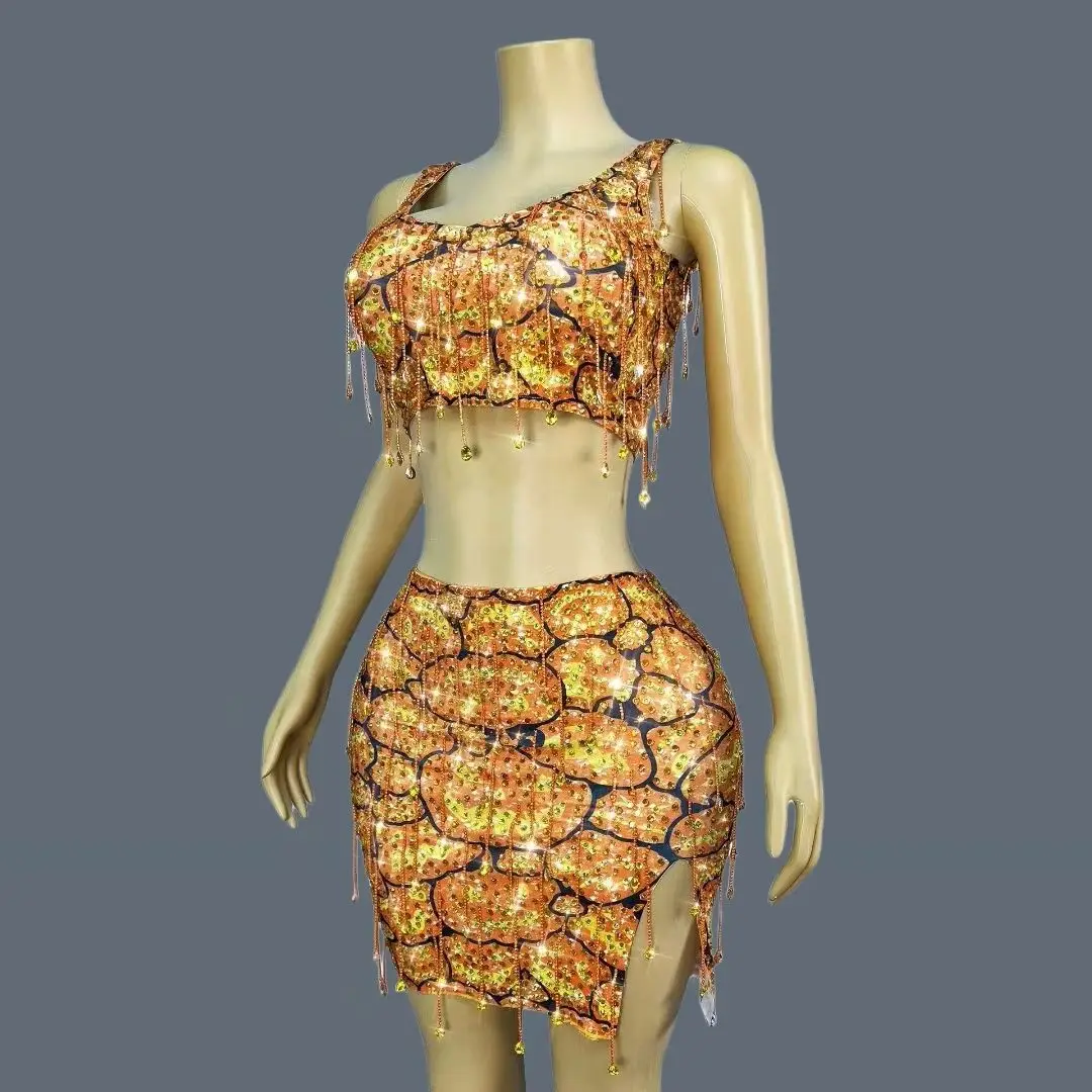 Halloween Pumpkin Orange Dress Trendy Crop Tops Mini Skirt 2Pieces Set Festival Party Night Out Crystals Tassel  Outfit Nanguato