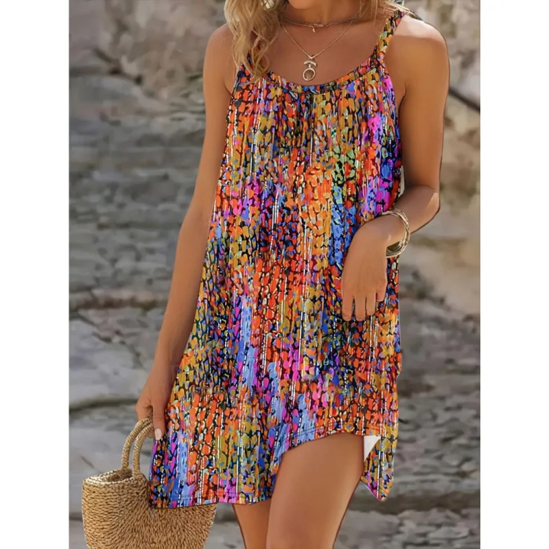 فستان نسائي صيفي بسيط وعصري مخطط برقبة على شكل حرف V مع مزاج مثير وفتحة فستان نسائي بأكمام قصيرة