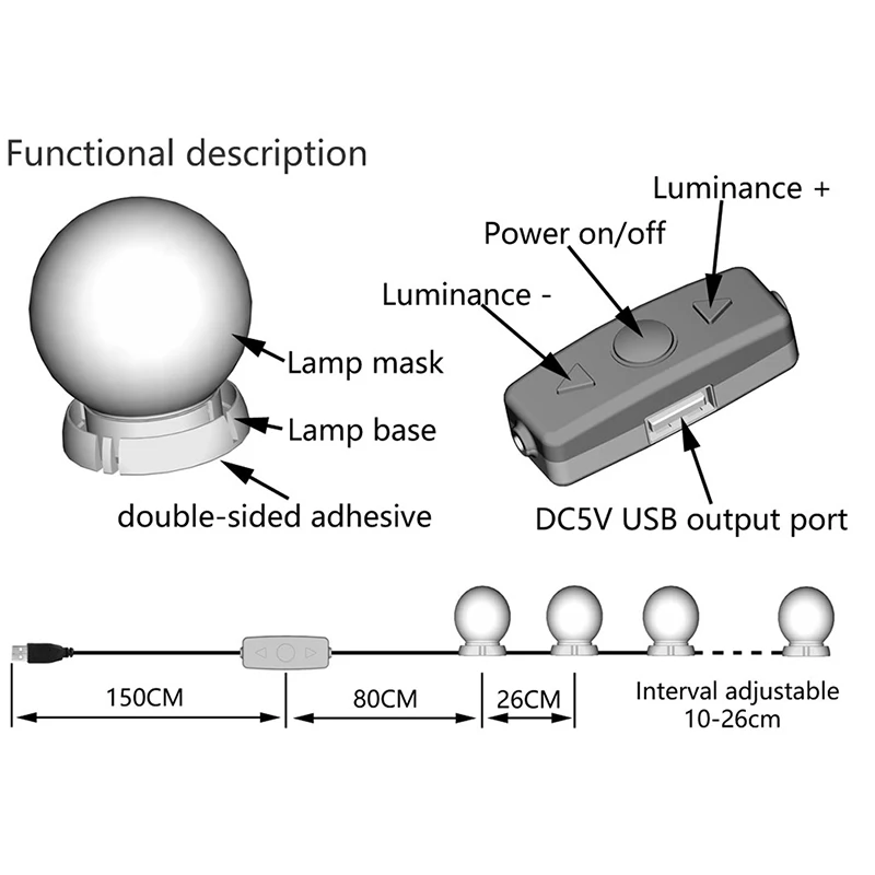 化粧鏡用LEDライトキット,化粧鏡用LEDライトキット,化粧品用USB充電ポート,明るさ調節可能,da26,10電球