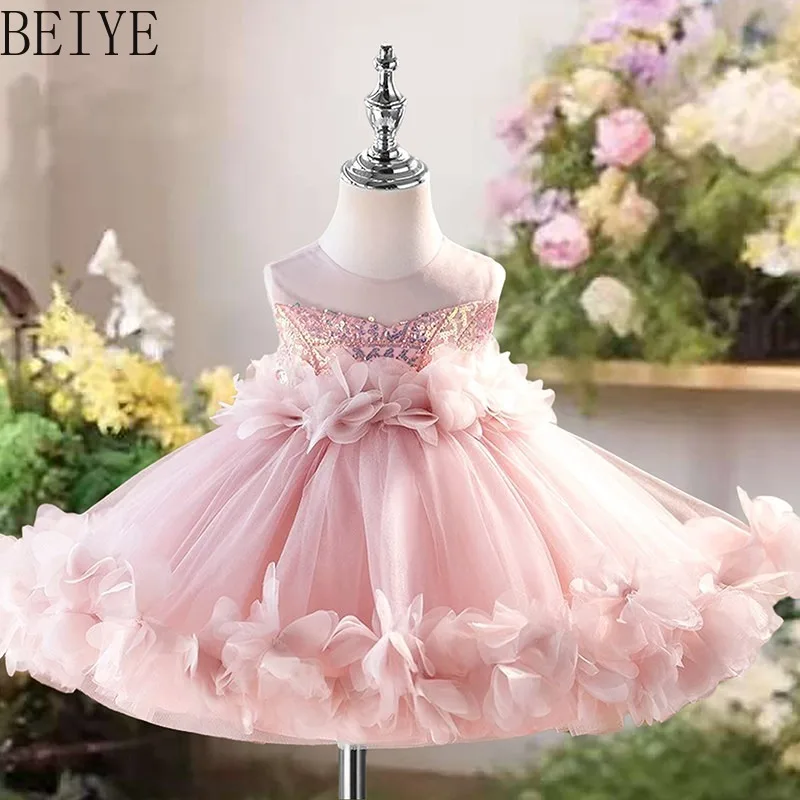 

Beautiful Girls Piano Playing Children's Dress High End Flower Wedding Fluffy Dress Kids Princess Floral Pink Color Dress