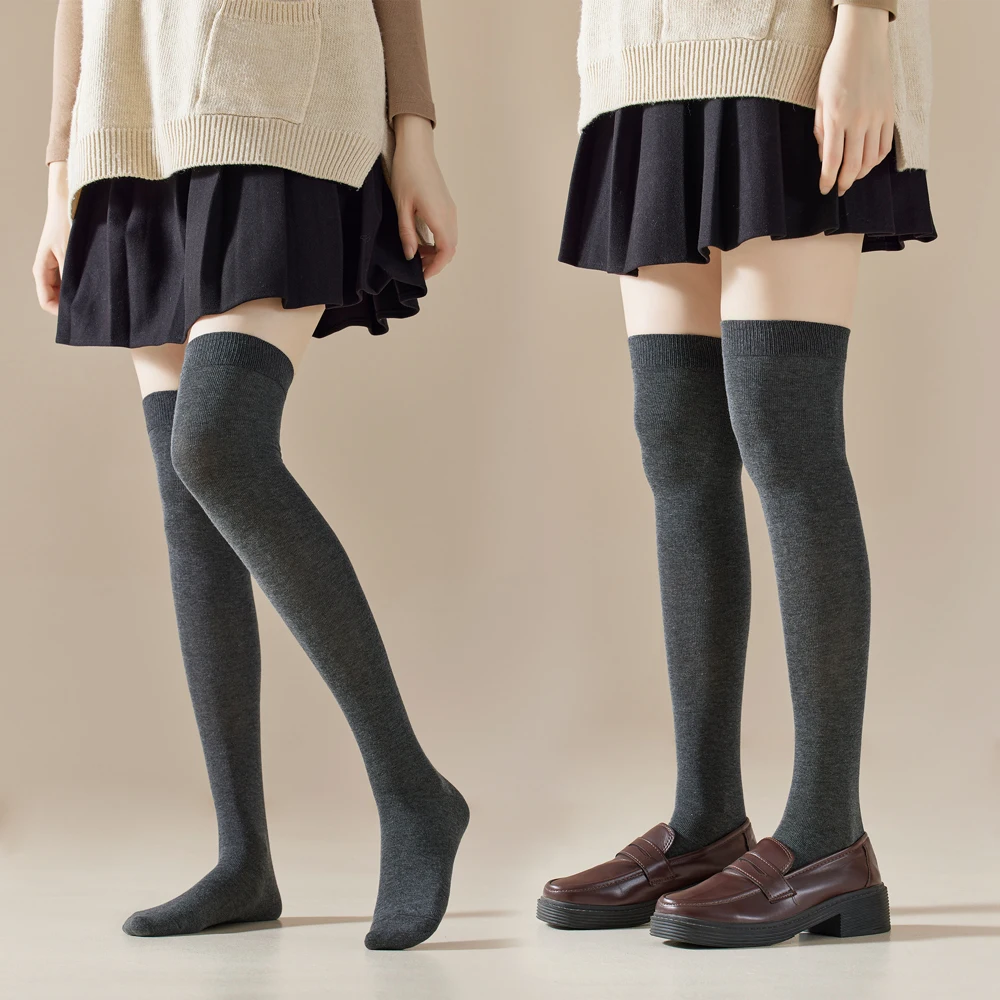 1 Paar Mikro-Druck-Kniestrümpfe zum Abnehmen für Damen, atmungsaktive Baumwolle, nahtloses Design, trendige JK-ästhetische Oberschenkelstrümpfe – Detail 6