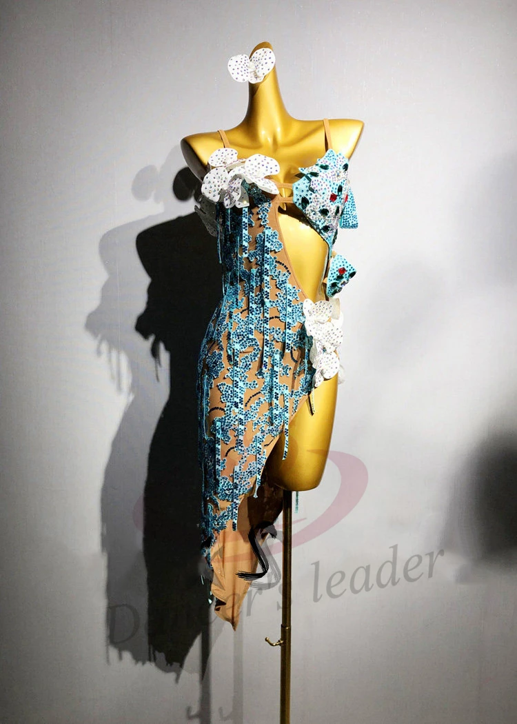 Vestido largo bordado de flores personalizado de alta gama para niños y adultos con piedra AB para baile latino, vestido negro para actuación de Samba y piscina