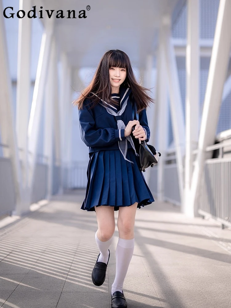 

Cyan JK Japanese Sailor Collar Long Sleeve Spring Autumn Shirt Girls High Waist Versatile Fashion Age Reduction Pleated Skirt