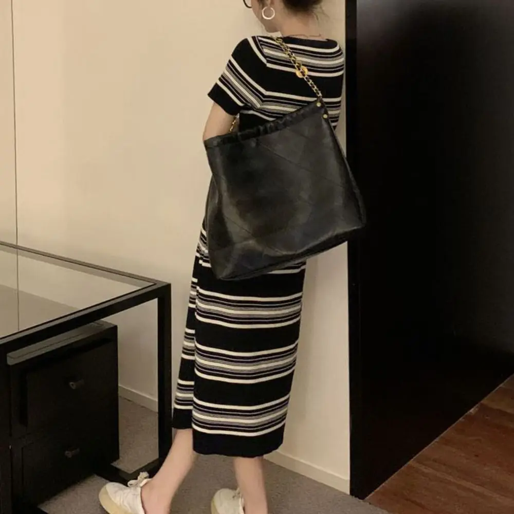 فستان طويل مخطط برقبة مربعة حلوة، ملابس شاطئ بسيطة، فساتين قصيرة الأكمام، فستان محبوك مخطط للفتيات الحارة، فستان صيفي #4