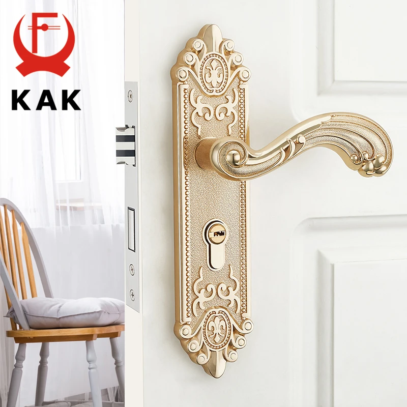 KAK European Style Mute Room Door Lock Handle Fashion Interior Door Knobs Lock Luxurious Anti-Theft Gate Lock Furniture Hardware