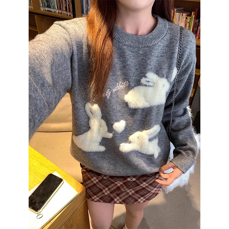 

Корейский свитер с героями мультфильмов, женские вязаные пуловеры с милым принтом, трикотажные изделия с длинными рукавами, свитер, зимние модные джемперы, каваи, новинка