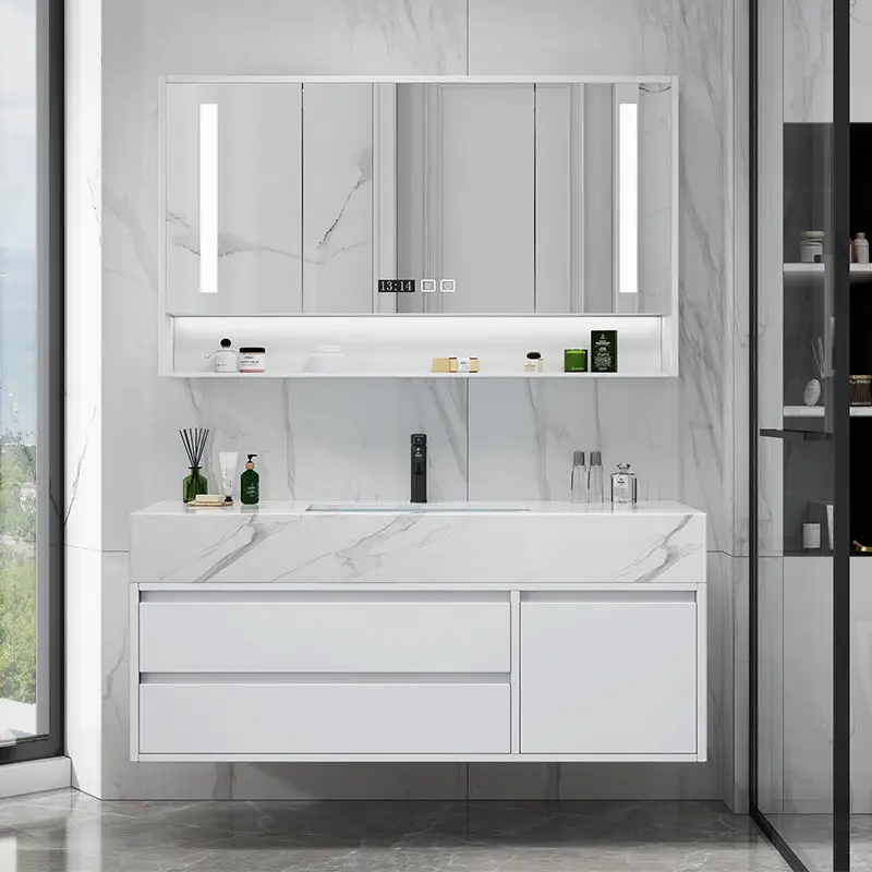 Light luxury solid wood bathroom combination, modern simple  hand wash basin smart mirror cabinet gray