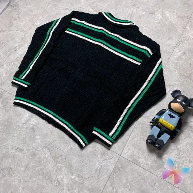 Winter High Street Men Women Cleanfit White Green Patchwork Striped Shirt Casual 2XL Black Knitted Long Sleeved Top