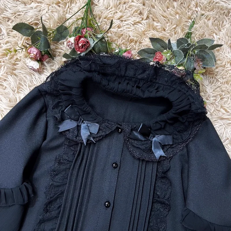 Vintage Elegant Lolita Blouses Kawaii Peter Pan Collar Lantern Sleeve Shirt Female Sweet Lace Ruffles Bow Slim Tops Blusas Mujer