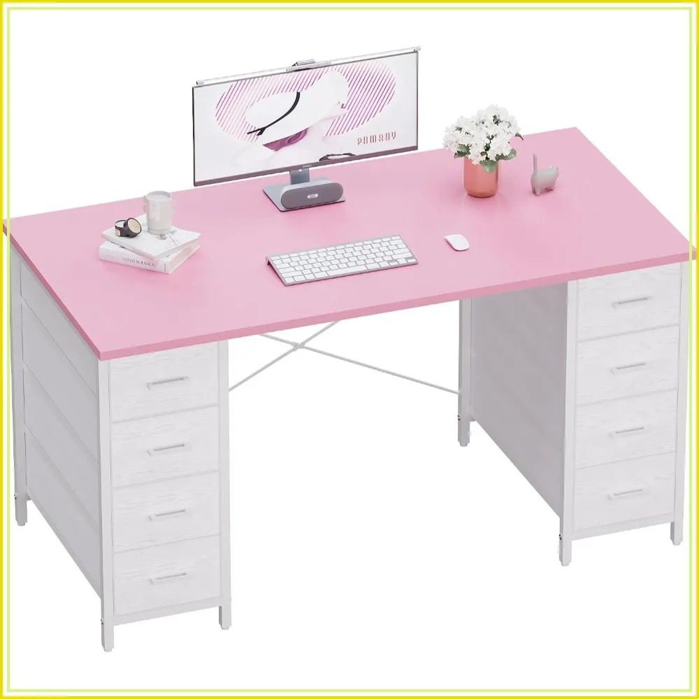 

47 inch Computer Desk with 8 Fabric Drawers, Home Office Writing Table for Bedroom Pink