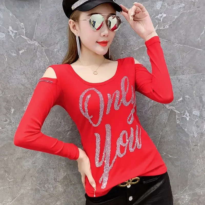 Y2k Clothes Spring Autumn Sexy Tops New Letter Diamond Tees Strapless Mesh Slim Tops Women T-shirt Bottom Shirt Long Sleeve Coat