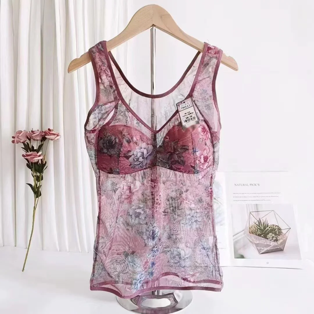 L LL 3L 4L 5L Women's Tank Top Floral Printed Mesh Ultra-thin Bottom Shapewear Women Tummy Control Built In Bra Corset Body Con