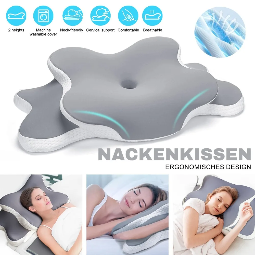 Un oreiller cervical en mousse à mémoire de forme, confortable et doux, livré avec une taie d'oreiller amovible, doté d'un design ergonomique pour le soutien du cou et offrant deux réglages de hauteur pour s'adapter aux dormeurs sur le côté et sur le dos. Il est également frais et respirant.