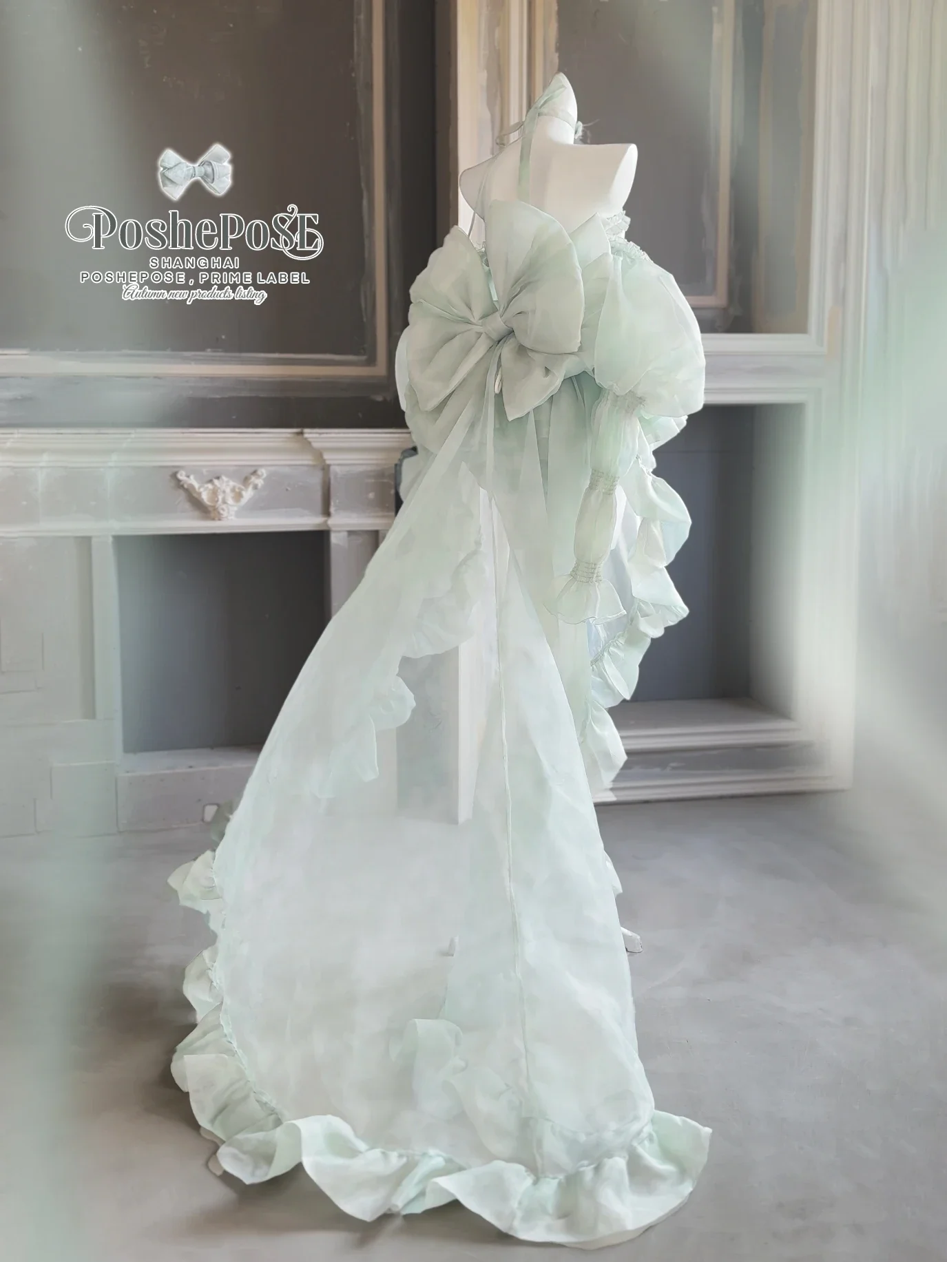 High Street Women's Mint Green Strapless Bowknot Sweet Fairy Organza Dress 2024 New Elegant Big Bow Trailing Party Wedding Dress - Image 2