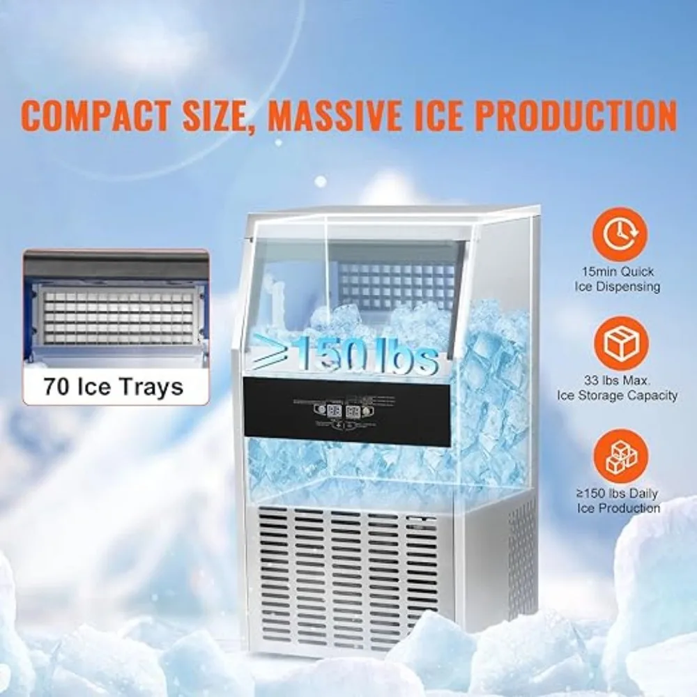 Ice Makers,Commercial,150LBS/24H,33lbs Capacity,70 Ice Cubes in 12-15 Minutes,Built in Electric Drain PumpIce Makers,Ice Makers