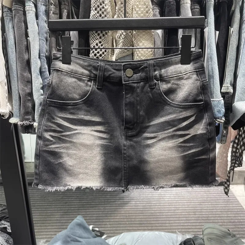 ReddaChic Denim noir femmes jupe moulante rétro ruban poches faire vieux moustaches taille basse mince Mini jupe Grunge vêtements d'été