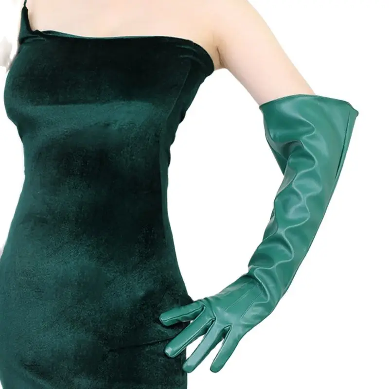 50cm Long Women's Leather Gloves Loose Fit Big Sleeve Faux Leather Sheepskin Matte Dark Green Imitation PU Handwear