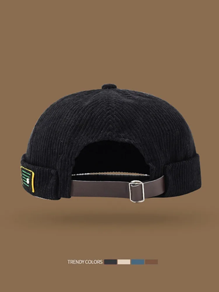 Kernstil: Cord-Label-Mütze für Frühling, Herbst und Winter – stilvolle Retro-Hip-Hop-Schädeldecke aus einfarbigem, gestreiftem Samt – Detail 3