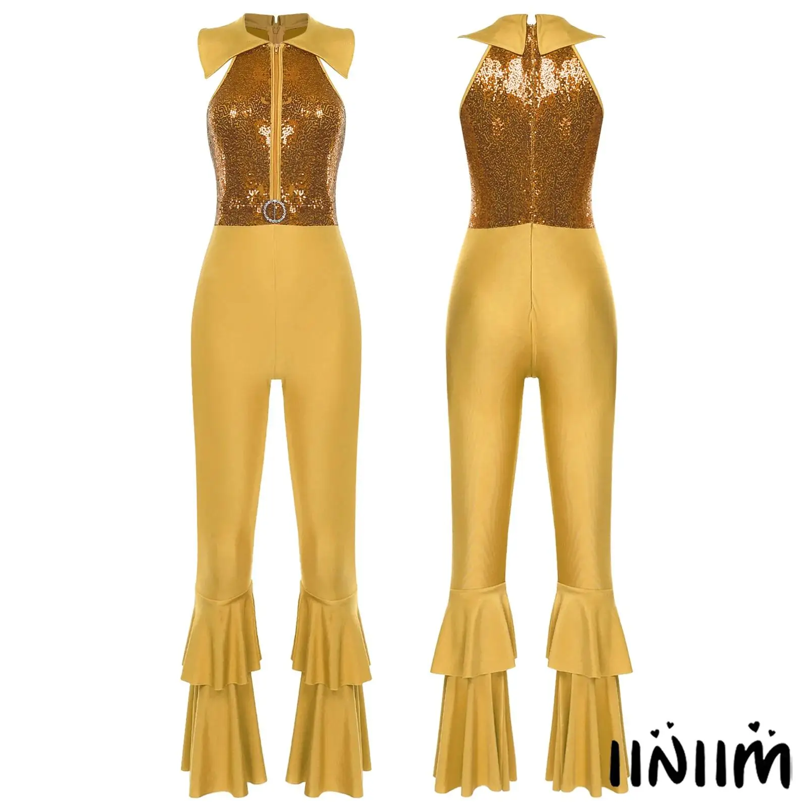 

Women's Shiny Sequins Jazz Modern Dance Jumpsuit 70s Disco Theme Party Singer Dancer Cosplay Costume for Halloween Carnival Rave