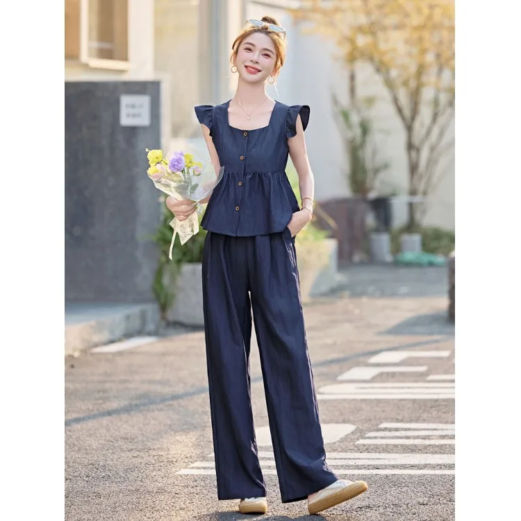 

Невобычные элегантные женские летние брюки с квадратным воротником, новинка 202, винтажные тонкие широкие брюки, комплект из двух предметов, расклешенные выпадения возраста