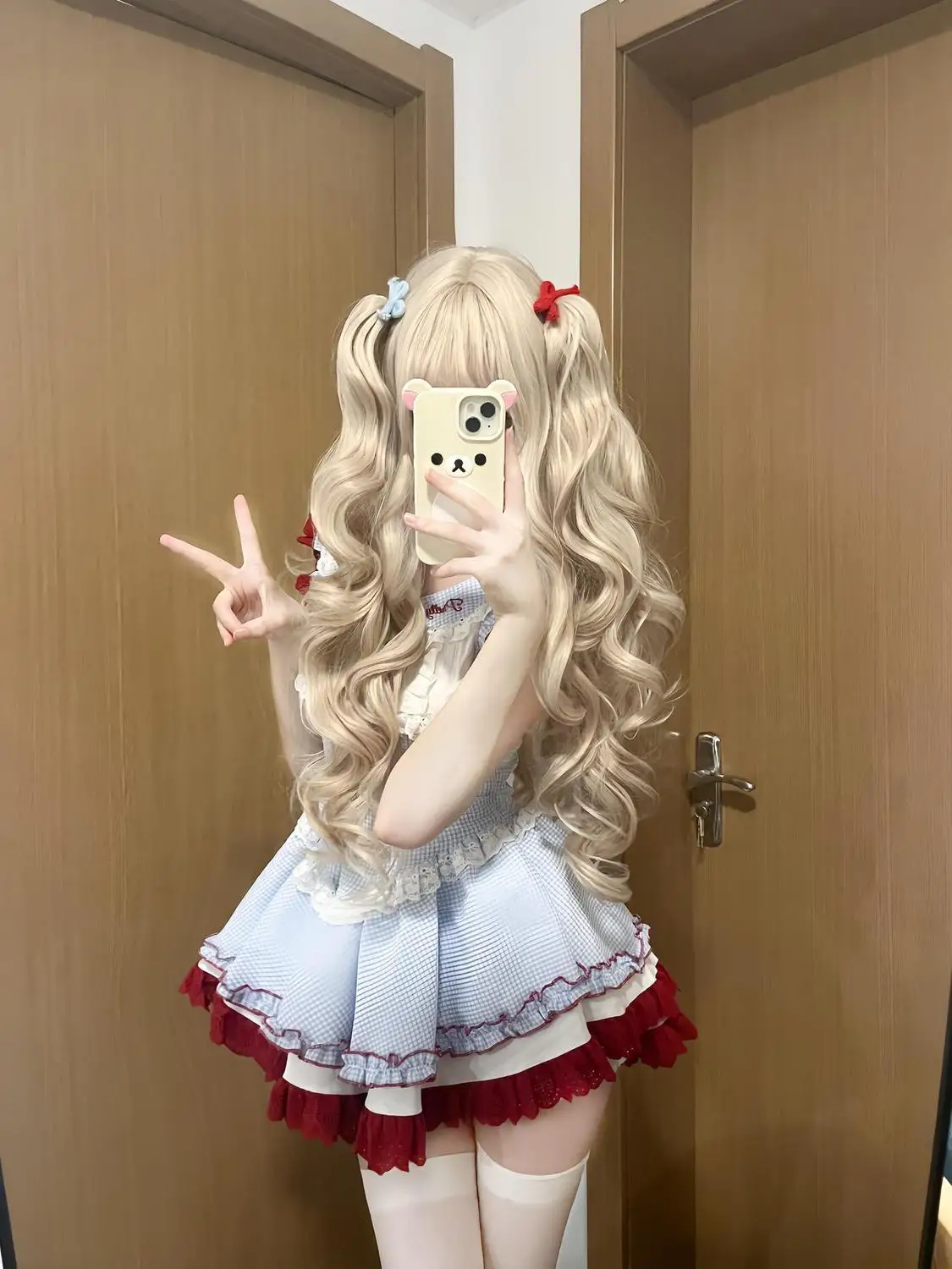 الحلو لطيف فتاة عالية الخصر الأزرق منقوشة الحمالة فستان قصير القوس الدانتيل دمية طوق الصيف فساتين منتفخة جديدة للنساء #5