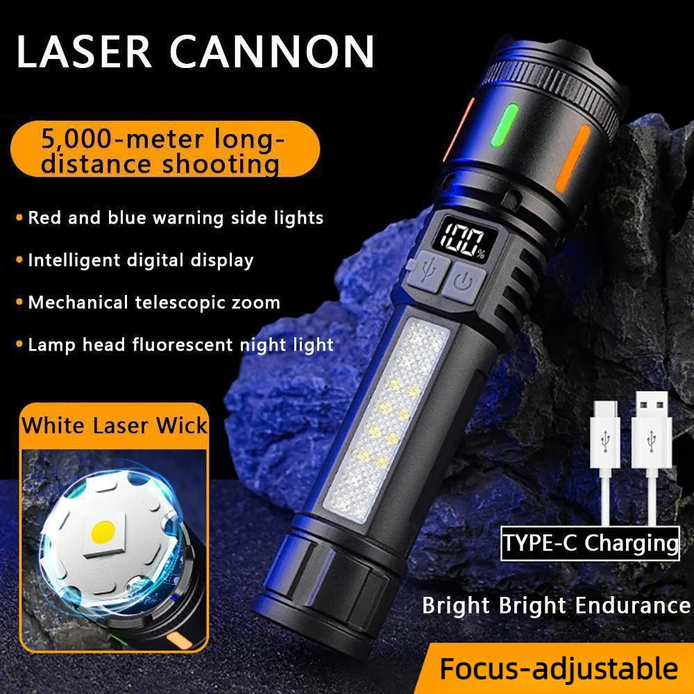 Powerful Flashlight Adjustable Focus LED Torch USB-C Rechargeable Portable Work Light for Power Cuts Emergency Camping Hiking