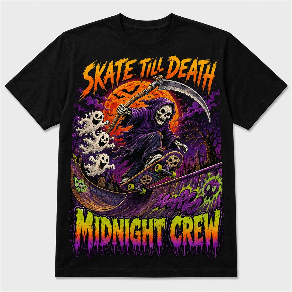 Funny Halloween Skate T Shirt Skeleton Vampire Zombie Ghost Graphic Print T-shirt Trick Or Roll Festival Street Short Sleeve Tee