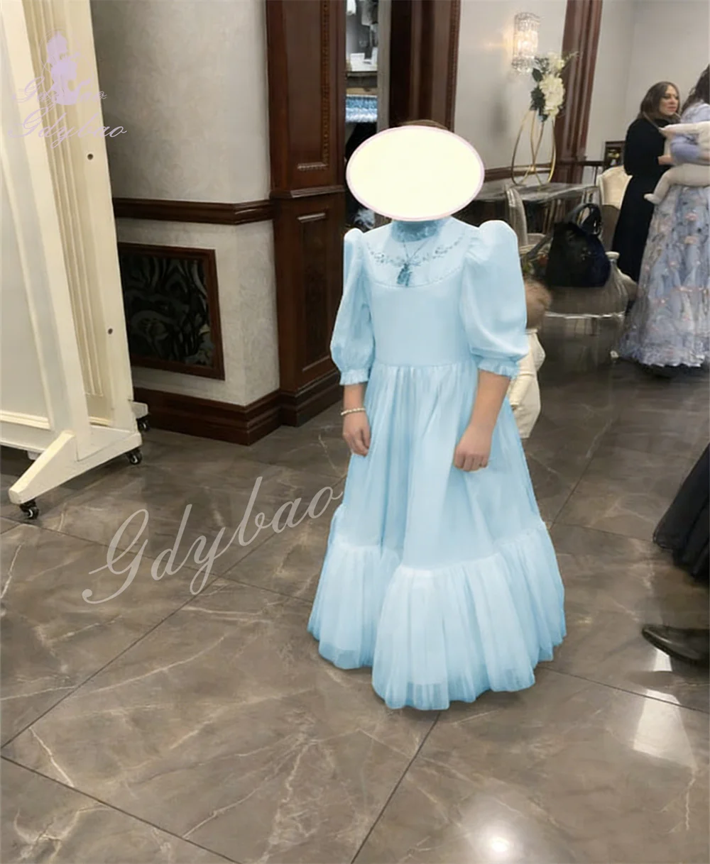 

Пышное детское платье для девочек на свадьбу, с высоким воротом, длинное, для дня рождения и вечерних мероприятий