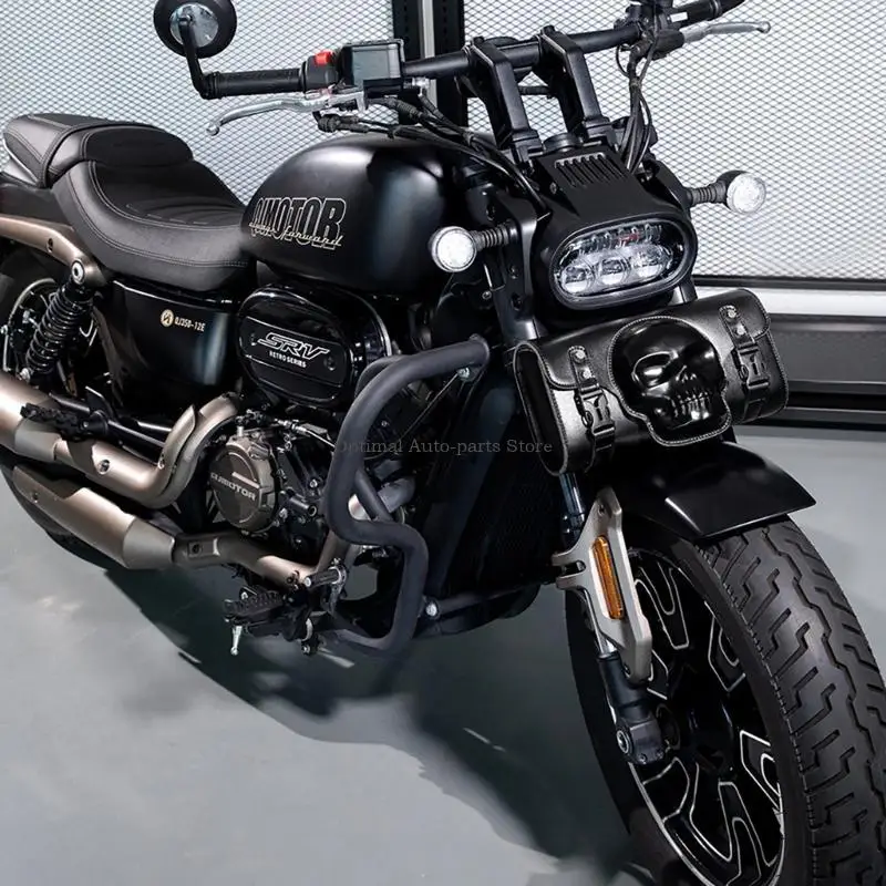 オートバイフロントバッグバイクツールバッグユニバーサルツールバッグサドルバッグスカルパターン-pu-フロントフォークハンドルバーバッグ