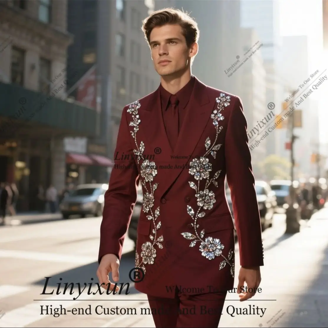 

Handsome Beaded Diamond Men Suits 2 Pieces Wedding Groom Tuxedo Glitter Lapel Male Prom Blazer Slim Customized Costume Homme