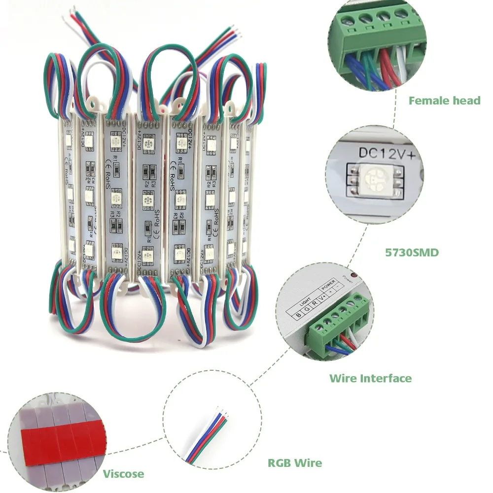 LED Modules Light RGB SMD 5050 3LED DC12V Waterproof Store front Strip Lamp Advertising Sign Module Lights UltraBright RGB Color