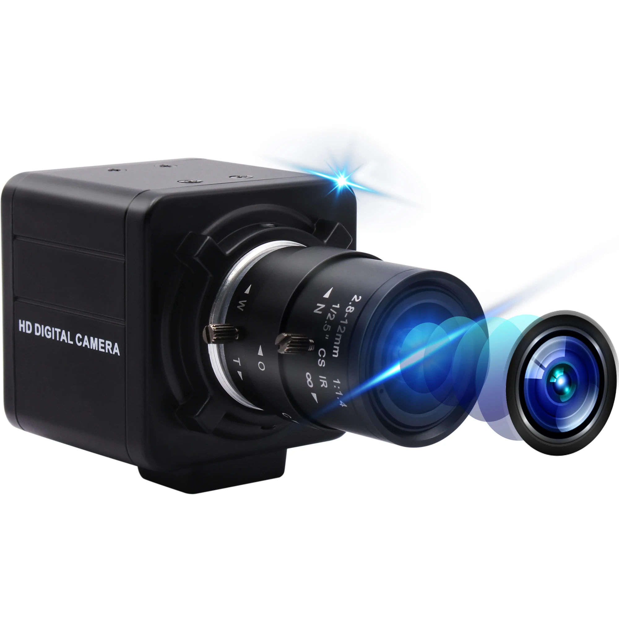 ELP Camera USB 1280*720 Global Shutter MJPEG 60fps Varifocus Zoom Webcam with 2.8-12mm Manual Lens Monochrome USB2.0 Camera