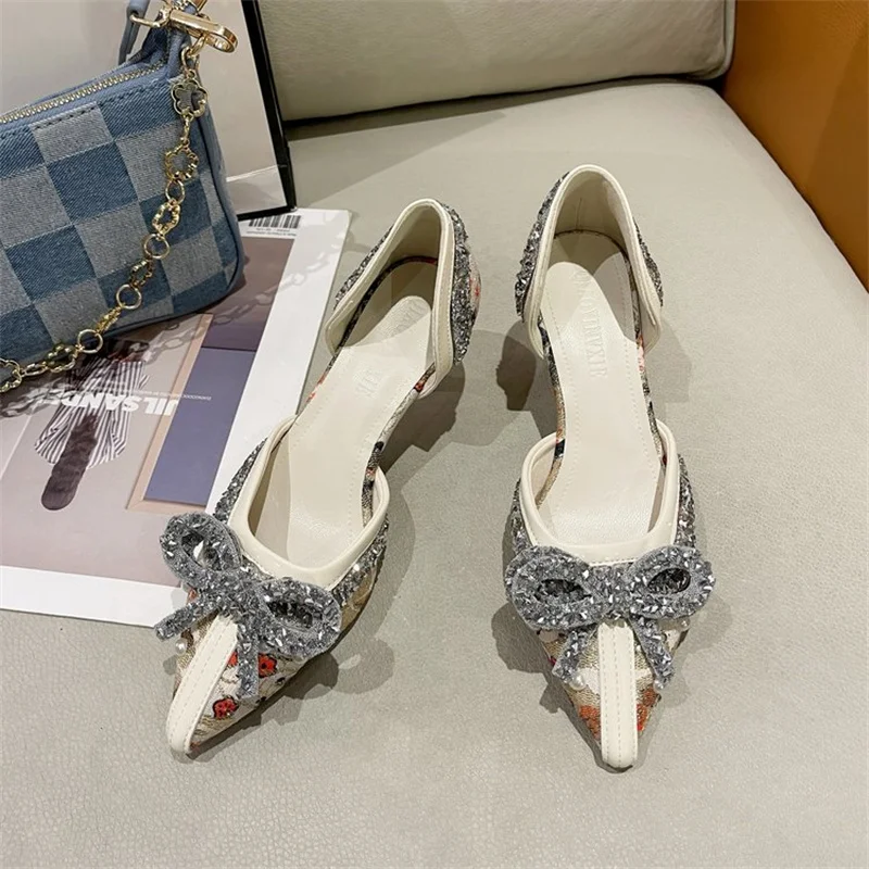 Luxury Pearl Crystal Bowtie White Wedding Shoes Women 2023 Autumn Brand Designer High Heels Pumps Woman Thin Heeled Party Shoes