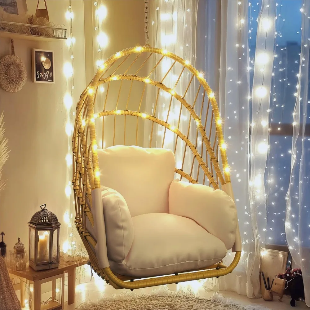 

Swing Egg Chair w/ Light & Cushions Wicker Hammock Foldable Hanging Basket Chair