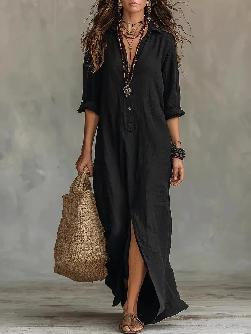 Lässiges Langarm-Maxikleid für Damen, Sommer 2026, Einfarbig mit Umlegekragen, Elegantes Strandkleid