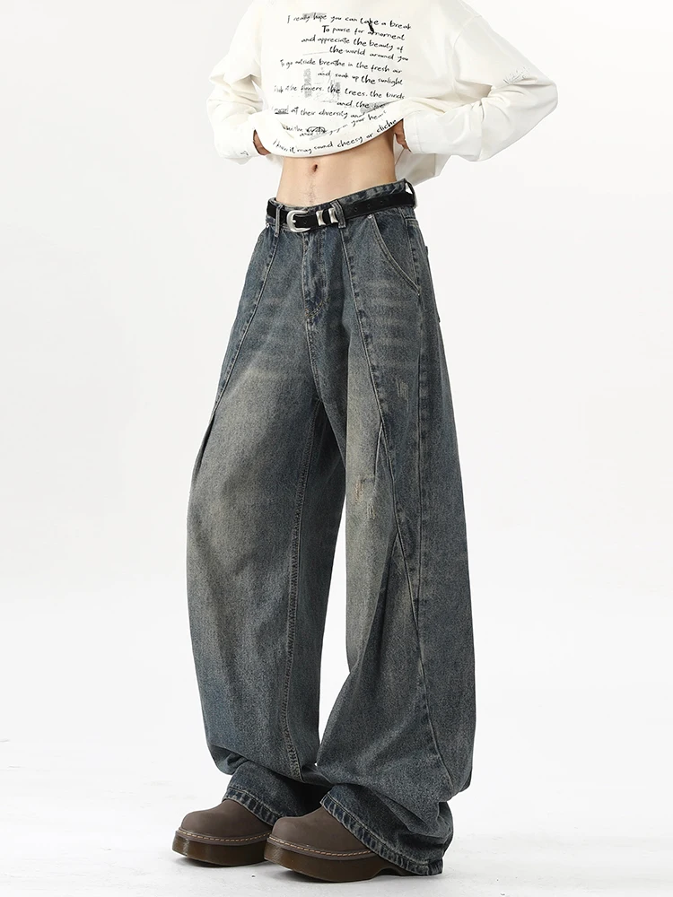 

American Retro Waed Deaded Folded Knife Jeans Men's Trendy High Street Vibe Haome Loose Wide Leg Long Pants