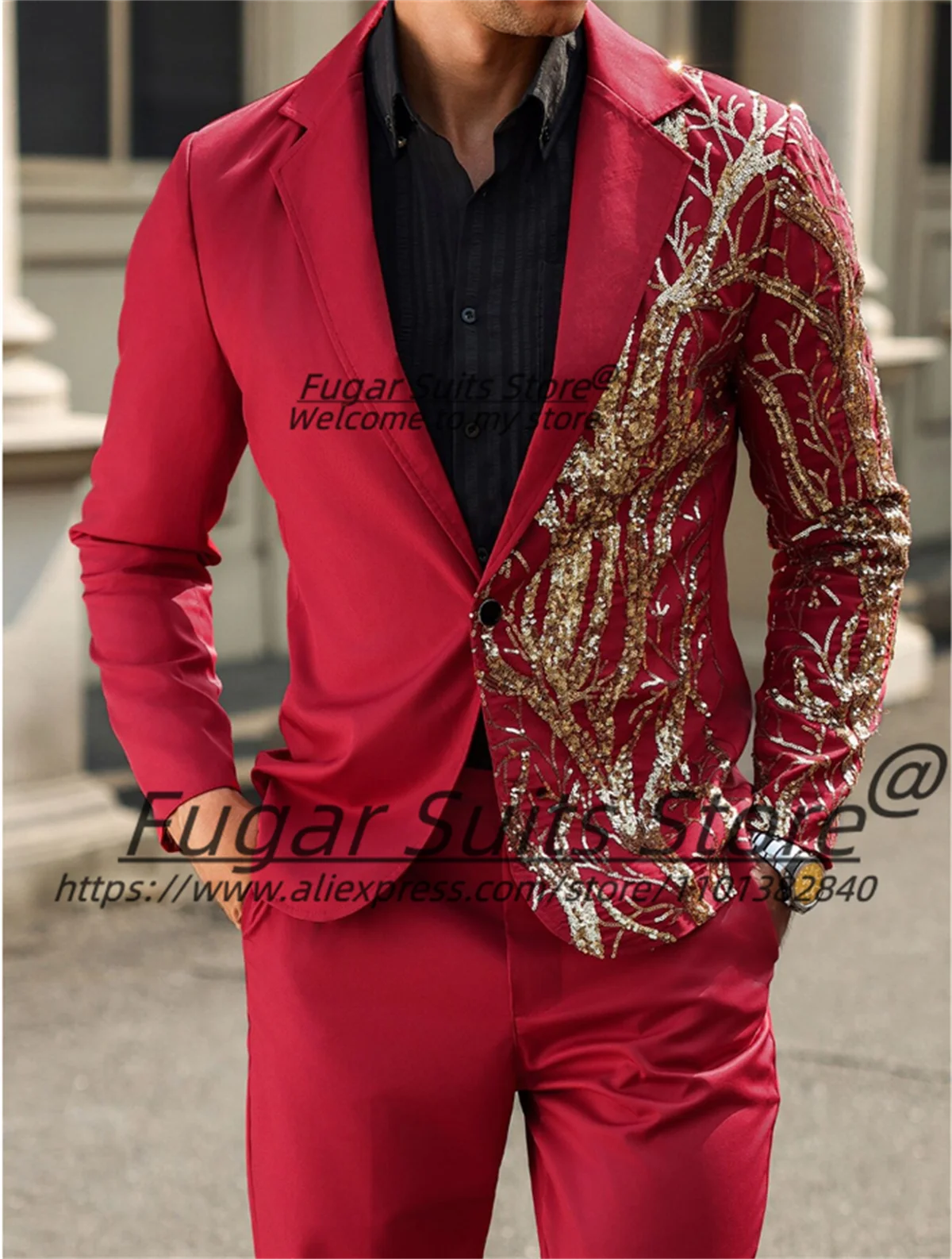 Luxuly Red Embroidered sequins Wedding Suits For Men Slim Fit Groom Tuxedos 2Pieces Sets High-qublity Male Blazers Costume Homme