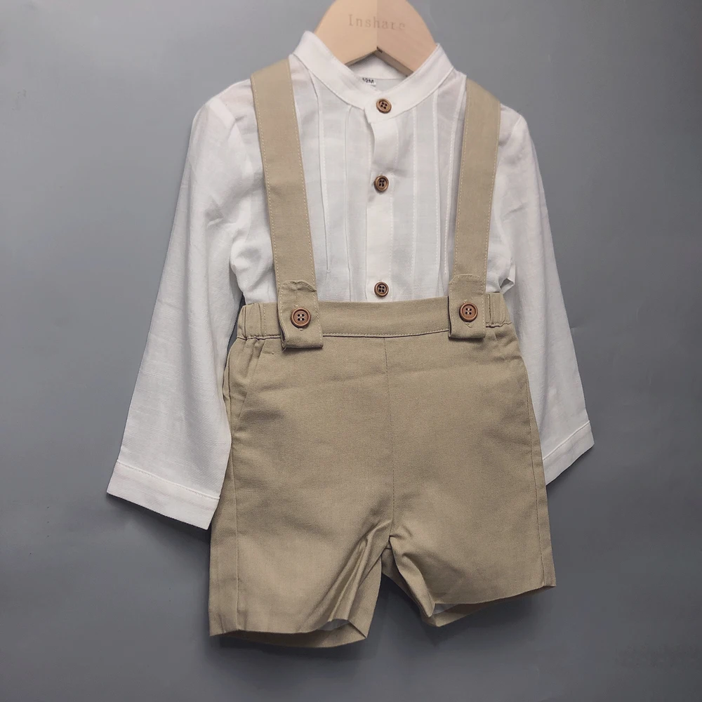 Children Boutique Clothing Toddler Boys Cotton Long Sleeve Shirt Khaki Linen Straps Shorts Eid Clothes Baptism Spanish Style