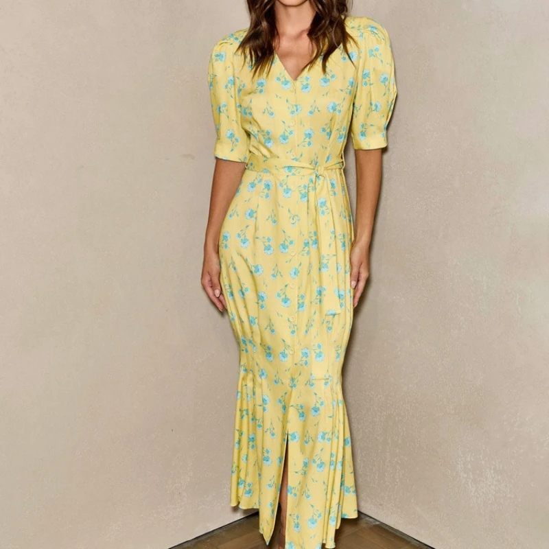 

TARUXY Stylish Printed Dress Women V-Neck Short-Sleeve Button Slit Lace Up Wrinkles Slim Long Dress Summer Vacation Party Dress