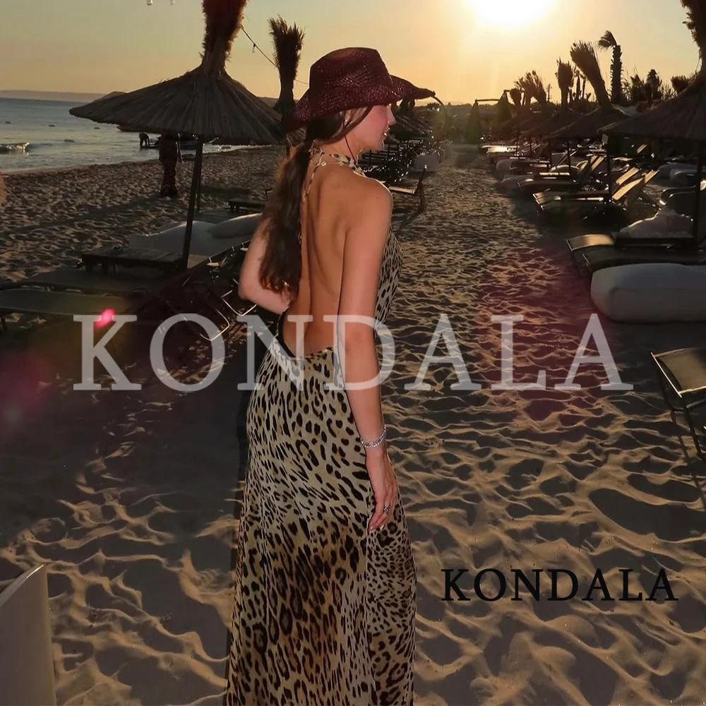 KONDALA Women Sexy Vacation Leopard Backless Long Dress 2026 Summer Trendy Beach Party Halter Dress Elegant Swinging Neck Dress