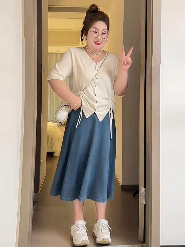 تأثير التخسيس حجم كبير تي شيرت المرأة مع تصميم حزام ort Sve الكورية Sle فضفاضة تناسب الصيف الأعلى للنساء الثقيلة #1