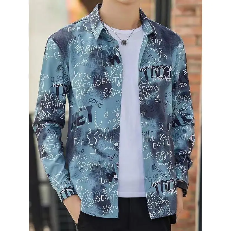 Autumn Long Sleeve Men's Shirt Anti-Wrinkle Easy Care Loose Fit Korean Style Printed Casual Outerwear Polyester Fiber