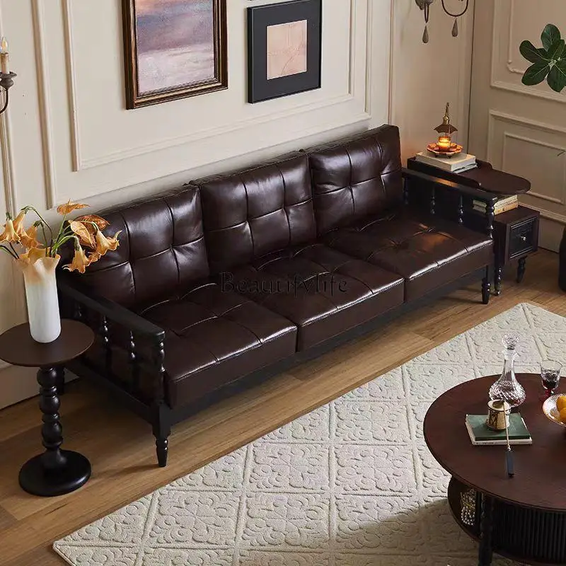 

French retro solid wood leather sofa small apartment living room high sense removable and washable medieval brown cowhide