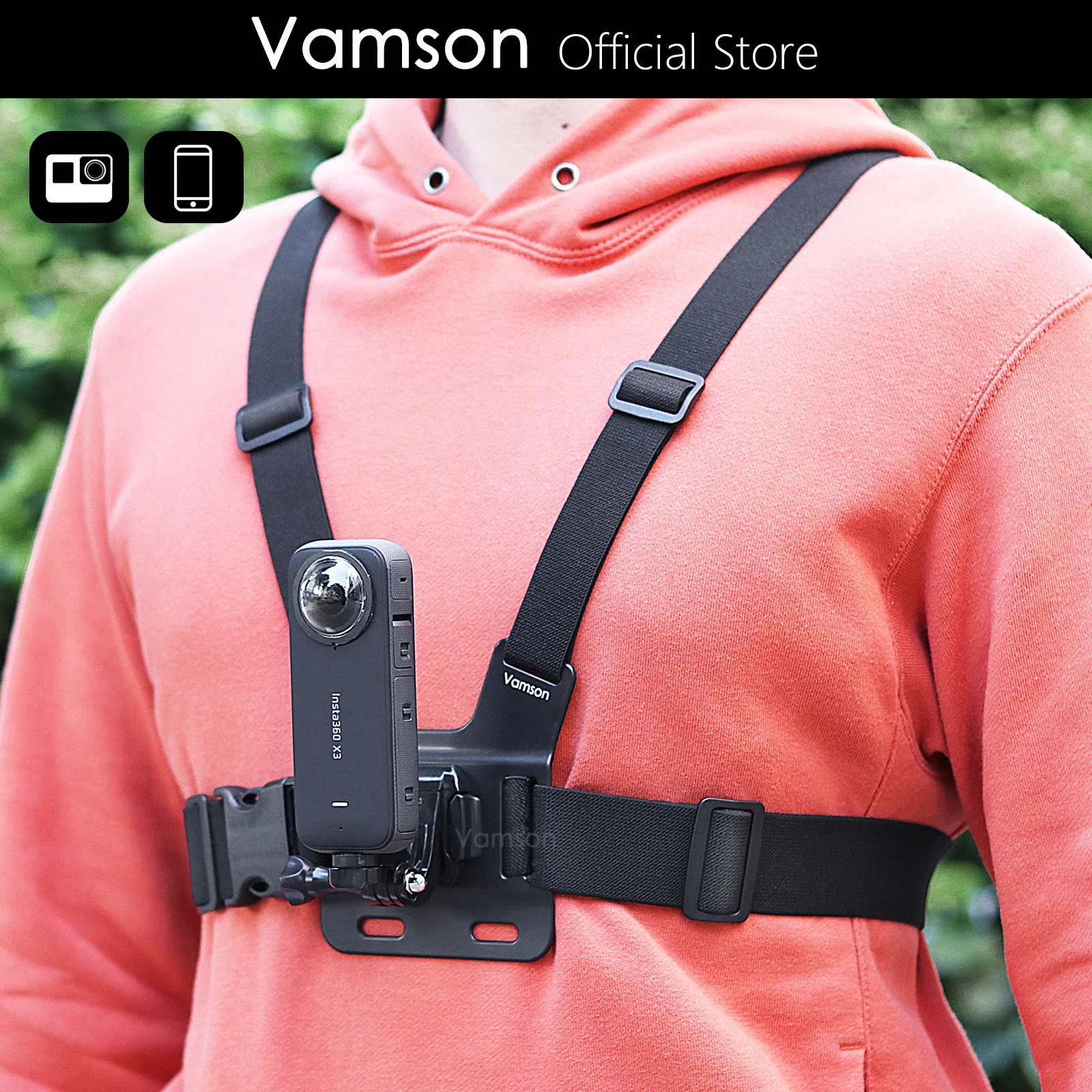 Vamson Chest Strap for Insta360 X3 GoPro 12 11 10 Harness Belt for CellPhone Mobile Phone Stand for iPhone CellPhone Accessories