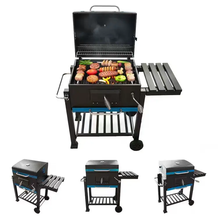 Iron Charcoal Smoker Grill Outdoor BBQ with Foldable Side Tables for 5+ People Backyard Camping & Picnics