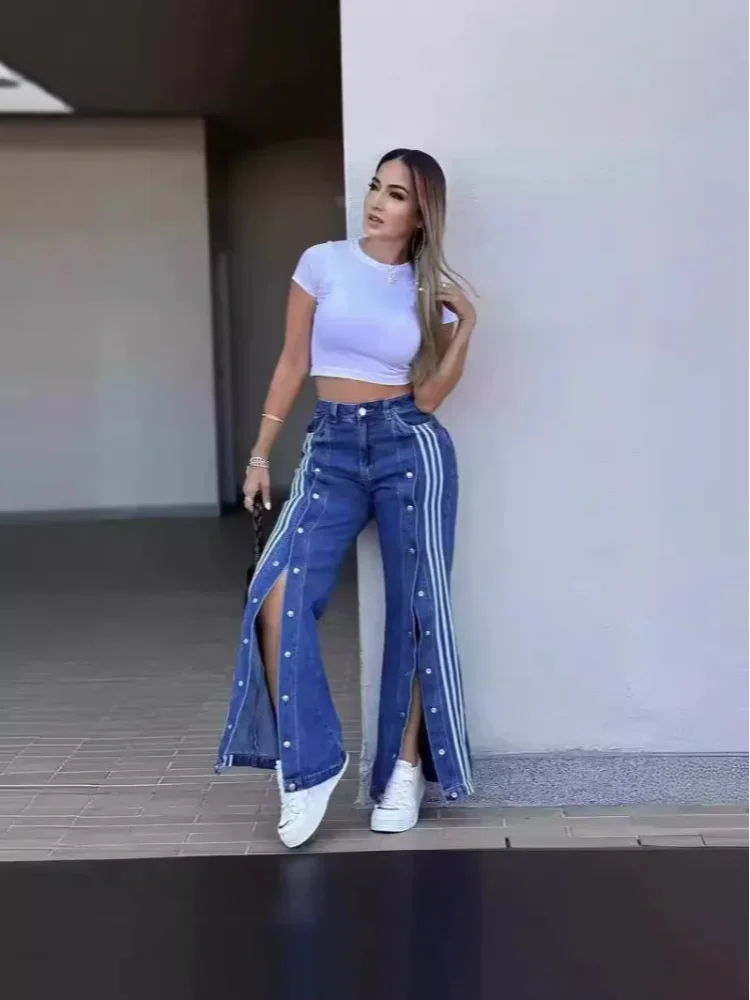 High Street Washing Side Breasted Denim Pant High Waist Casual Denim Pants Straight Trousers 2025 New Lady Y2k Denim Trousers