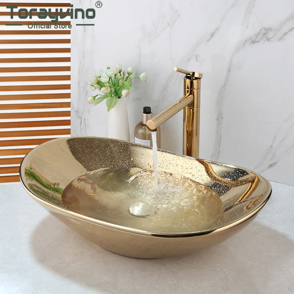 

Torayvino Ceramic Basin Sink Set w/ Gold Faucet & Pop-Up Drain Bathroom Vanity Washbasin Vessel Sink for Luxury Home Bathroom