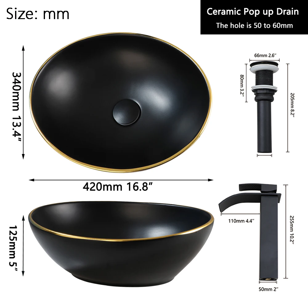 YANKSMART Modern Bathroom Vessel Sink Black Ceramic Wash Basin Sink Bowl Countertop Bathrooms Vainty with Waterfall Mixer Faucet