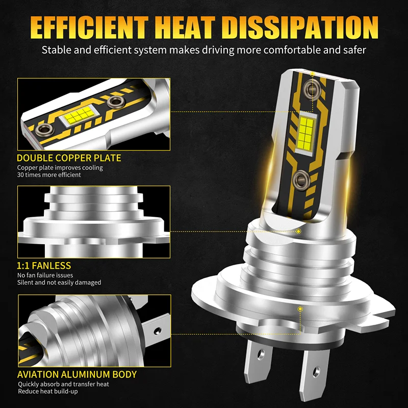 AILEO 2 PCS H7 LED H7 Headlight Bulb Fanless 1:1 Beam 300% Brighter 12V 60W 6000K 4300K Car Headlight Bulbs